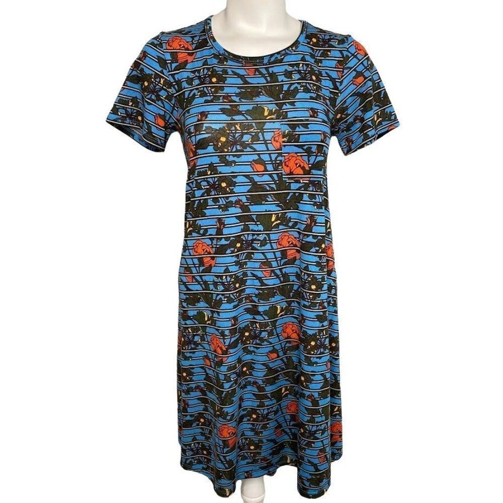 LuLaRoe Carly Blue Floral Stripe High Low Dress sz XXS